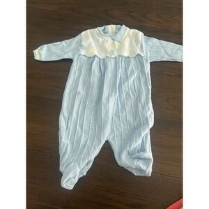 Savannah Baby Blue Pointelle Knit Footie Sleeper Embroidered Bib Vintage